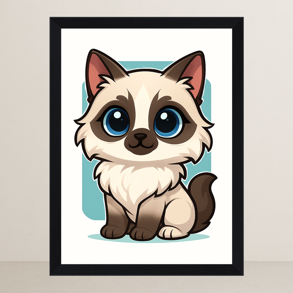 Ragdoll in stile Chibi stampato su forex, cornice FSC, disponibile in varie misure
