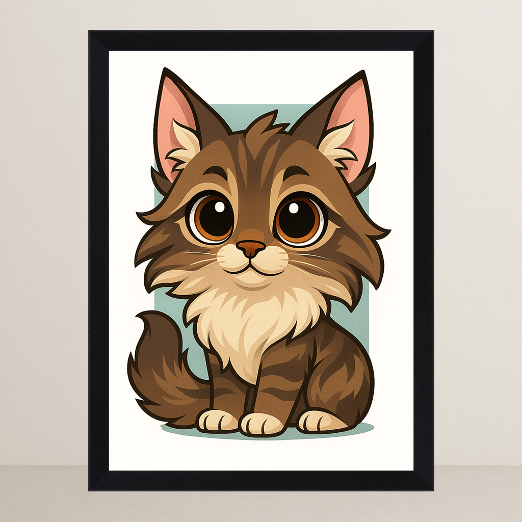 Maine Coon in stile Chibi stampato su forex, cornice FSC, disponibile in varie misure