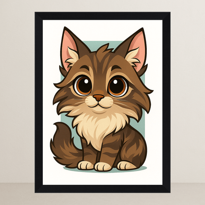 Maine Coon in stile Chibi stampato su forex, cornice FSC, disponibile in varie misure