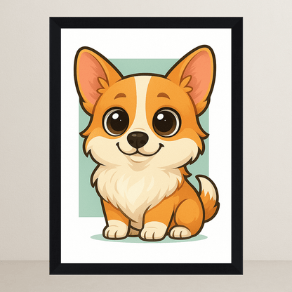 Welsh Corgi in stile Chibi stampato su forex, cornice FSC, disponibile in varie misure