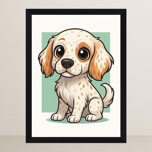 Setter Inglese in stile Chibi stampato su forex, cornice FSC, disponibile in varie misure