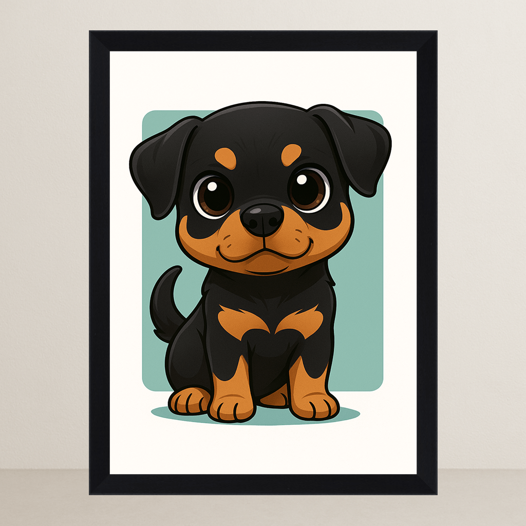 Rottweiler in stile Chibi stampato su forex, cornice FSC, disponibile in varie misure