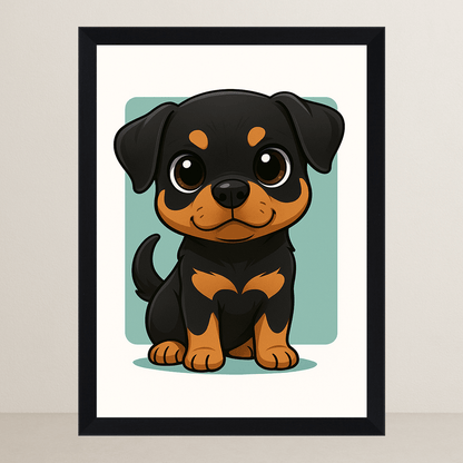Rottweiler in stile Chibi stampato su forex, cornice FSC, disponibile in varie misure