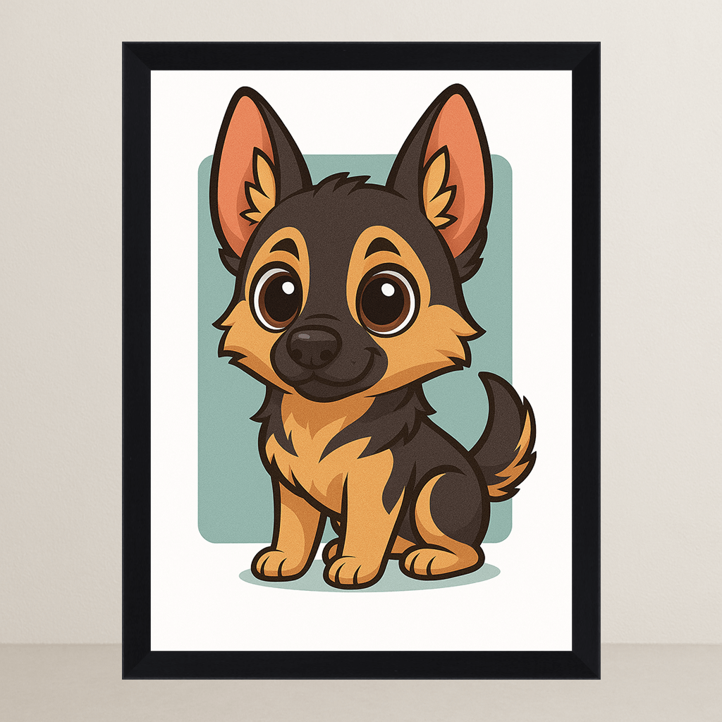 Pastore Tedesco in stile Chibi stampato su forex, cornice FSC, disponibile in varie misure