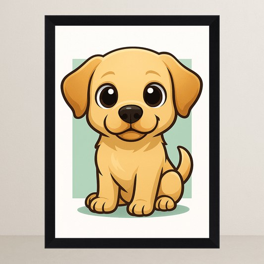 Labrador Retriever in stile Chibi stampato su forex, cornice FSC, disponibile in varie misure