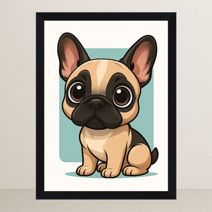Bulldog Francese in stile Chibi stampato su forex, cornice FSC, disponibile in varie misure