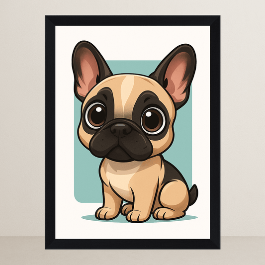 Bulldog Francese in stile Chibi stampato su forex, cornice FSC, disponibile in varie misure