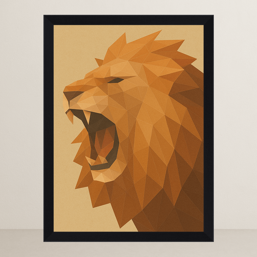 Leone in stile Poly Art stampato su forex, cornice FSC, disponibile in varie misure